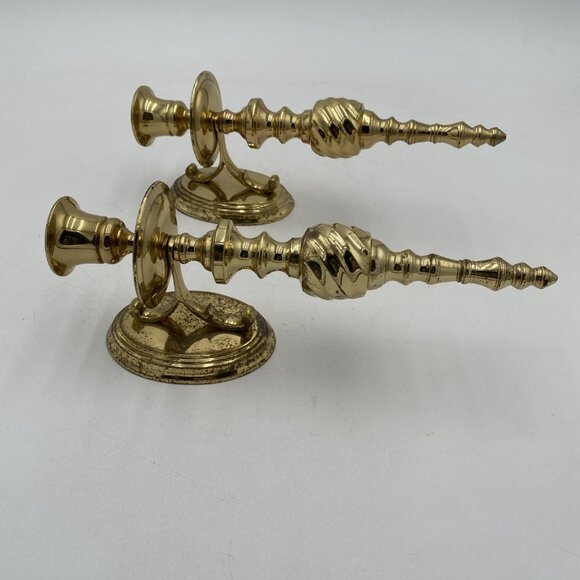 Vintage Brass Candle Sconce Plaque Decor Pair Set 2 Spindle Candlestick Gold MCM - Picture 3 of 7